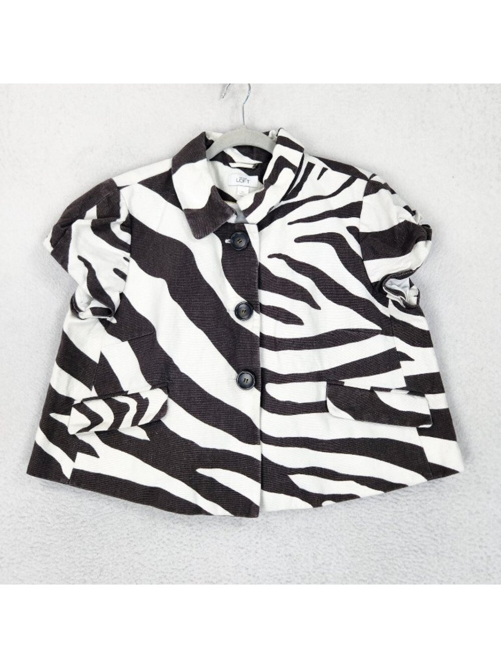 LOFT Jacket Womens XL Black White Zebra Print Button Linen Blend Short Sleeve